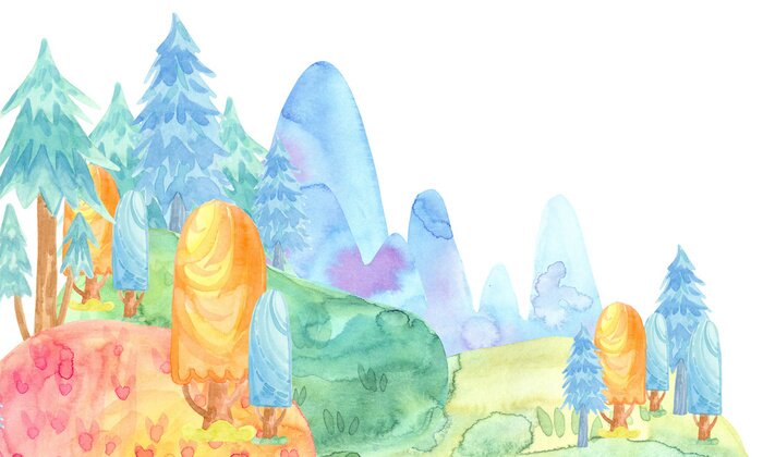 Sticker Cartoon aquarel illustratie. Leuke sprookjesachtige aard. Bos met kleurrijke sparren, bomen, bergen. kaartsjabloon
