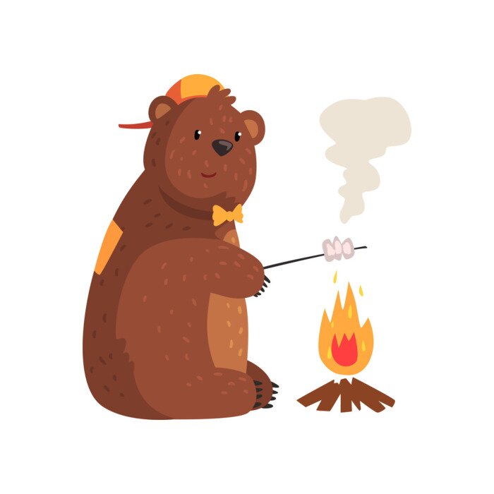 Sticker Cartoon beer frituren marshmallow in brand in bos. Schattige grizzly in pet en vlinderdas. Wild dier met bruin bont, kleine ronde oren en poten met klauwen. Platte vector