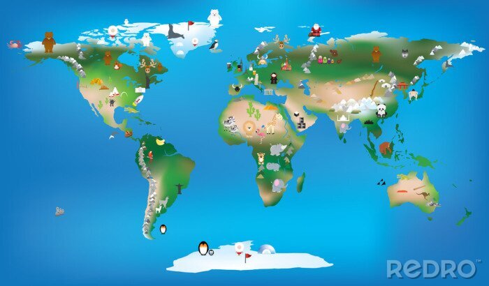 Sticker Cartoon dieren op wereldkaart