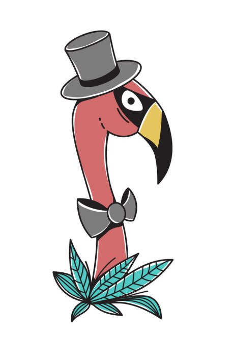 Sticker Cartoon flamingo in a bow tie and cylinder hat isolated on a white background. Original character. Vector illustration. can be used as stickers, prints, etc.