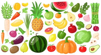 Sticker Cartoon fruits and vegetables. Vegan lifestyle food, organic nutrition vegetable and fruit, avocado, asparagus and mango vector illustration set. Watermelon and pineapple, apple and banana, kiwi fruit