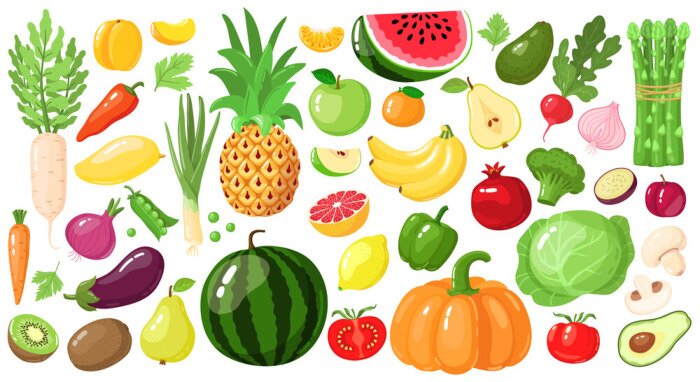Sticker Cartoon fruits and vegetables. Vegan lifestyle food, organic nutrition vegetable and fruit, avocado, asparagus and mango vector illustration set. Watermelon and pineapple, apple and banana, kiwi fruit