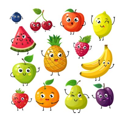 Sticker Cartoon grappige vruchten. Gelukkige de frambozen oranje kers van de kiwibanaan met gezicht. Zomer fruit en bessen vector tekens geïsoleerd op wit. Fruitkiwi en banaan, sinaasappel en aardbeiillustrat