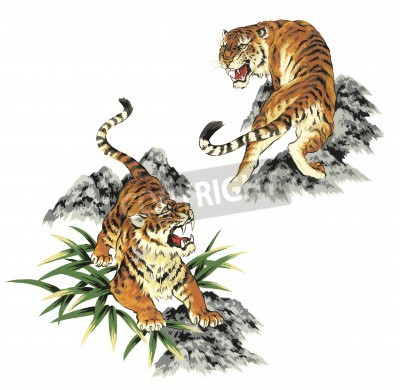Sticker Cartoon illustratie met tijgers