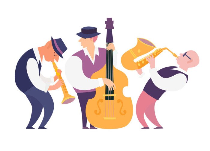 Sticker Cartoon jazz musicians group vector illustration: contrabassist, saxophone and clarinet. People characters playing on musical instruments. Isolated on white background