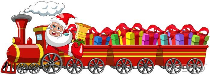 Sticker Cartoon Santa Claus leveren van giften rijden stoomlocomotief met geïsoleerde drie wagons