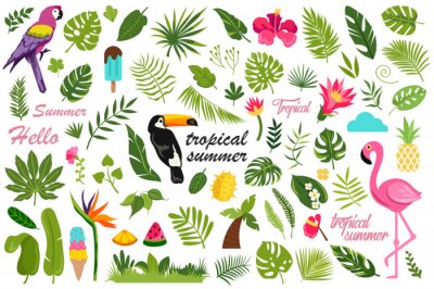 Sticker cartoon set van platte zomer decor elementen. tropisch ontwerp. vectorillustratie