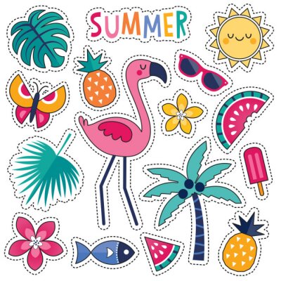 Sticker Cartoon stijl vector zomer patches met schattige roze flamingo, tropische bladeren en bloemen, zomer fruit en ijslolly. Geïsoleerd op wit, voor stickers, spelden, kentekens, borduurwerk, tijdelijke ta