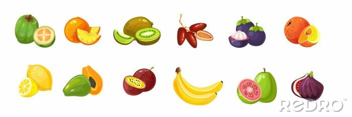 Sticker Cartoon tropical exotic fruits set on white background vector illustration. Juicy collection of lemon orange banana kiwi and fig flat style design. Bright tasty vitamins concept