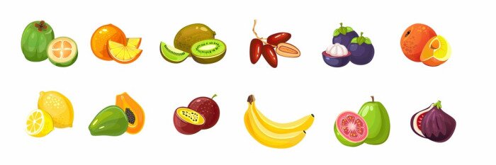 Sticker Cartoon tropical exotic fruits set on white background vector illustration. Juicy collection of lemon orange banana kiwi and fig flat style design. Bright tasty vitamins concept