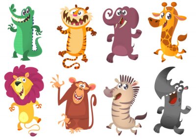 Sticker Cartoon tropische dieren set. Set van cartoon dieren vector illustratie. Krokodilalligator, tijger, olifant, giraf, leeuw, aapchimpans, zebra en neushoorn