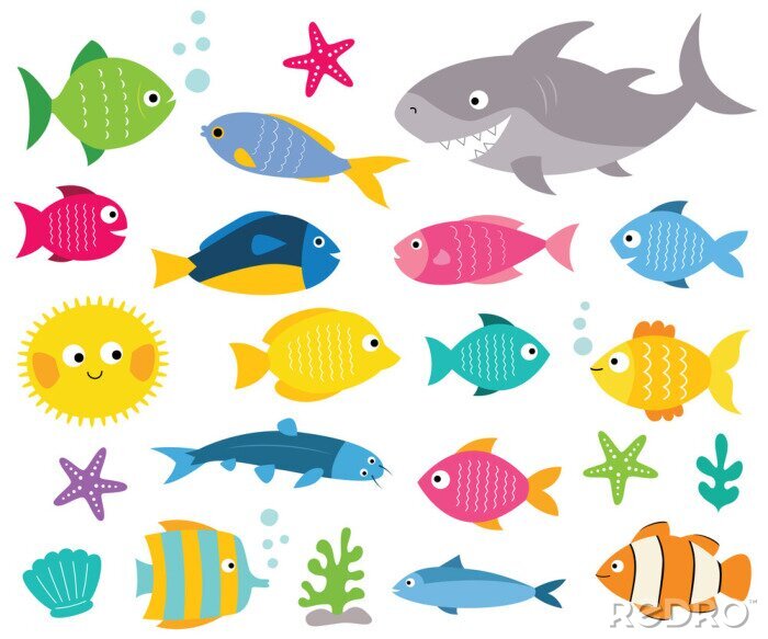 Sticker Cartoon vissen set, geïsoleerde design elementen