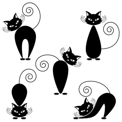 Cartoon zwarte katten met een gekrulde staart