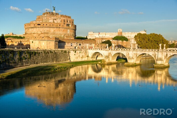 Sticker Castel Sant'Angelo en de brug bij zonsondergang, Rome, Italië.