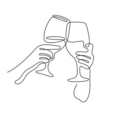 Sticker Cheering wine glasses continuous line vector illustration