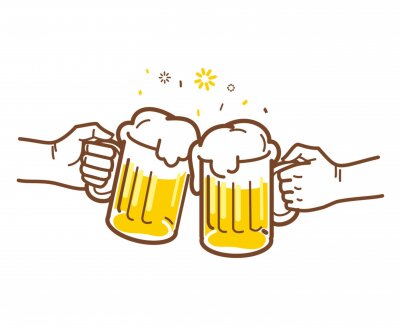 Sticker Cheers with two mugs of beer with foam isolated on white