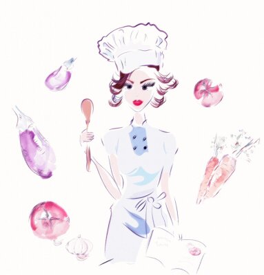 Sticker Chef-kok met groenten. Illustratie van een Cook