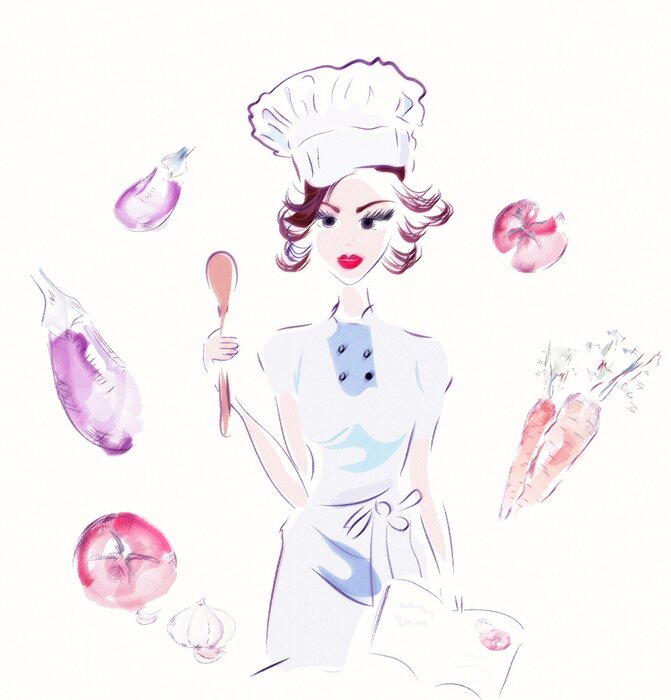 Sticker Chef-kok met groenten. Illustratie van een Cook