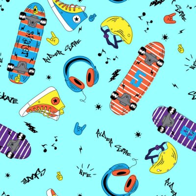 Sticker Childish doodle summer seamless pattern with skateboard and music.