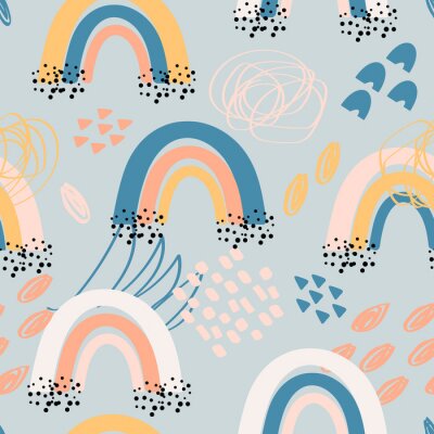 Sticker Childish seamless pattern with hand drawn rainbow and doodle elements. Trendy kids background in cute pastel colors, raster version. Good for textile, wallpaper, surface decoration, baby products