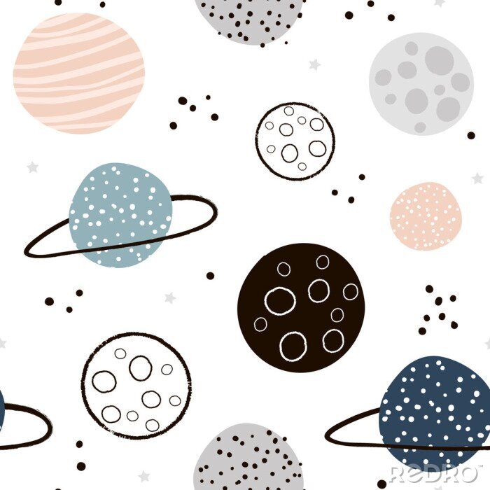 Sticker Childish seamless pattern with hand drawn space elements space, planets. Trendy kids vector background.