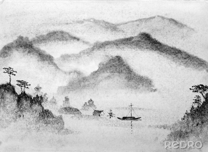 Sticker Chinese schilderkunst bergen en water