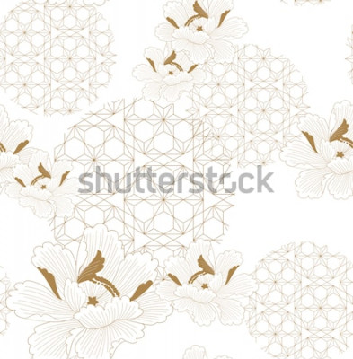 Sticker Chinesischer Muster nahtloser Vektor. Gold floral mit japanischem geometrischem Elementhintergrund für Gewebe, Packpapier, Hintergrund, Schablone, Deckblattdesign.