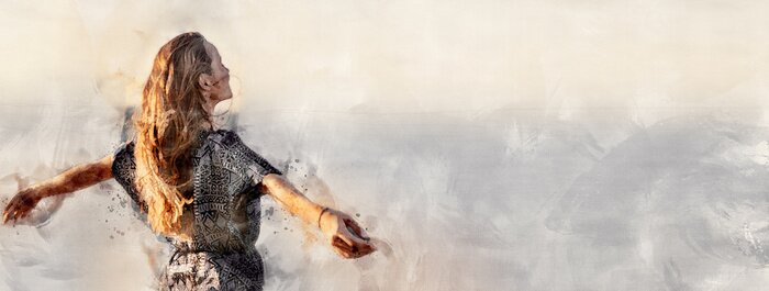 Sticker Christian worship and praise. A young woman is praying and worshiping in the evening. Watercolor style. Copy space.