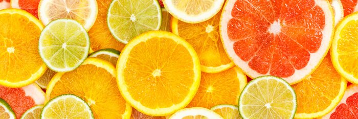 Sticker Citrus fruits collection food background banner oranges lemons limes grapefruit fresh fruit