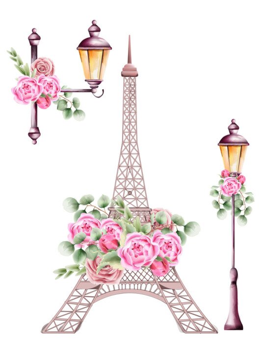 Sticker City lamps and eiffel tower decorated with rose flowers and green leaves. Watercolor vector