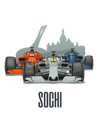 Sticker Cityline Sochi and three racing cars on Grand Prix Russia. Vector flat illustration isolated on white background for poster, web icon