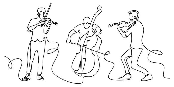 Sticker Classical musicians one line drawing. Minimalism vector illustration of cello, violin player. Single hand drawn sketch vector illustration. Contour linear design isolated on white background.