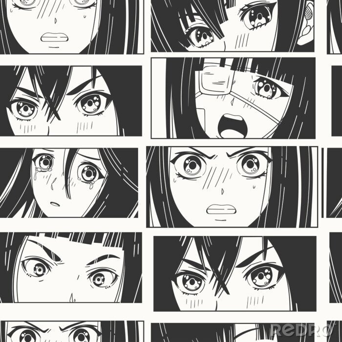 Sticker Close up of Asian female Eyes look. Black and white Manga style. Japanese cartoon Comic concept. Anime characters. Hand drawn trendy Vector Seamless pattern. Background, Wallpaper