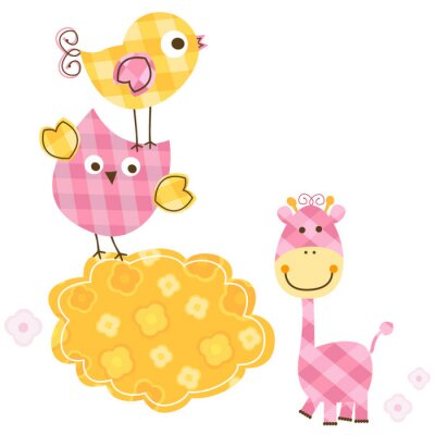 Sticker Cloud twee vogels en een roze giraf