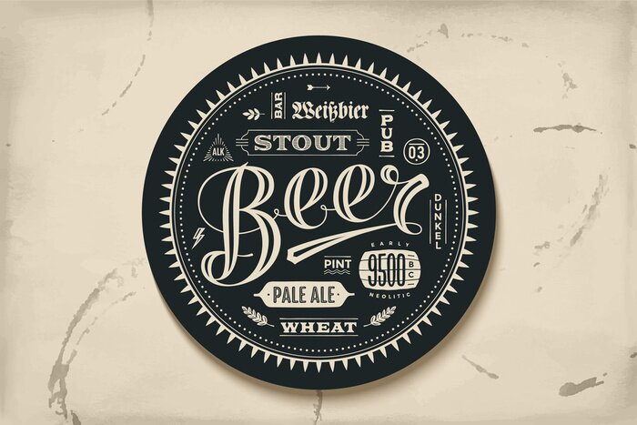 Sticker Coaster voor bier met de hand getekende letters. Monochrome vintage tekening voor bar, pub en bier thema's. Zwarte cirkel voor het plaatsen van een pul bier of een bierfles over het met letters voor b