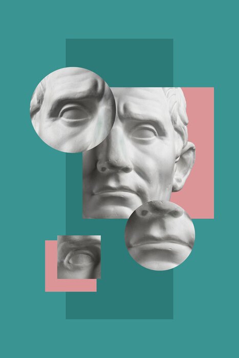 Sticker Collage with plaster antique sculpture of human face in a pop art style. Modern creative concept image with ancient statue head. Zine culture. Contemporary art poster. Funky minimalism. Retro design.