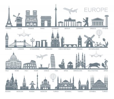 Sticker Collectie van Europa gedetailleerde silhouetten. Stel reisoriëntatiepunten in. vector illustratie