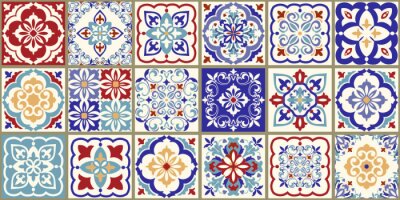 Sticker Collection of 18 ceramic tiles in turkish style. Seamless colorful patchwork from Azulejo tiles. Portuguese and Spain decor. Islam, Arabic, Indian, Ottoman motif. Vector Hand drawn background