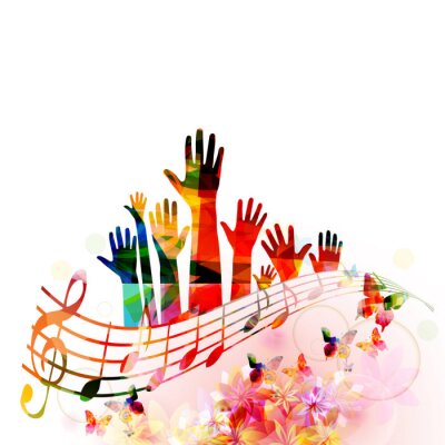 Sticker Colorful music background with human hands raised and music notes isolated vector illustration design. Artistic music festival poster, live concert events, party flyer, music notes signs and symbols
