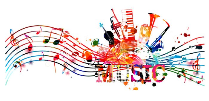 Sticker Colorful music promotional poster with music instruments and notes isolated vector illustration. Artistic abstract background for live concert events, music show and festival, party flyer design