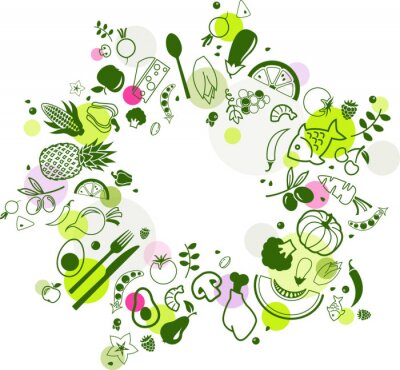 Sticker colourful & healthy food background - vector illustration