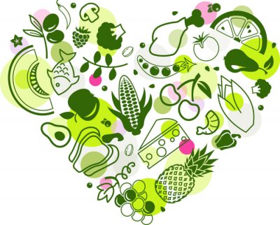 Sticker colourful & healthy food background - vector illustration