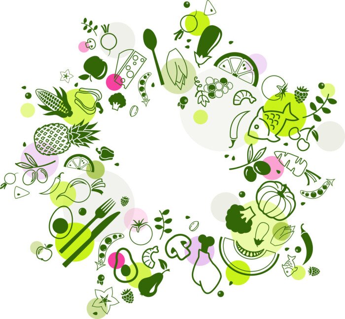 Sticker colourful & healthy food background - vector illustration