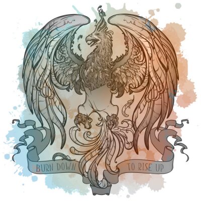 Sticker Colourfull and intricate drawing of the legendary Phoenix bird with a motivation motto. Linear drawing on watercolor grunge textured background. Vintage logo. EPS10 vector illustration