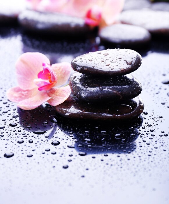 Sticker Compositie met mooie bloeiende orchidee met water druppels en