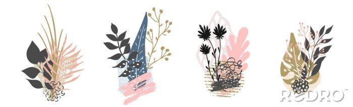 Sticker Compositie van planten en bloemen in aquarel