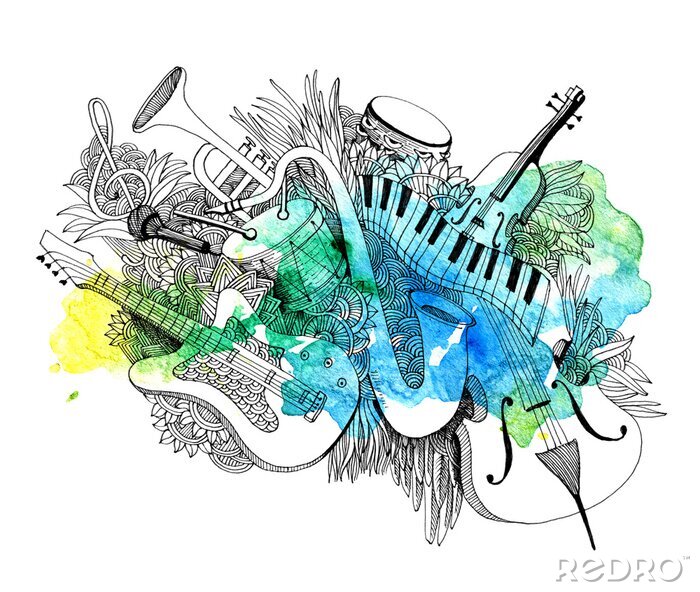 Sticker Composition of musical instruments with a splash of colors