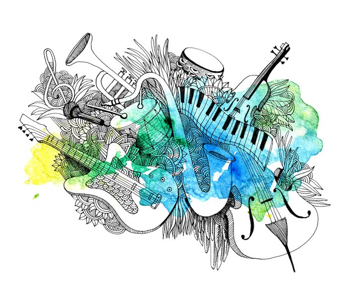 Sticker Composition of musical instruments with a splash of colors