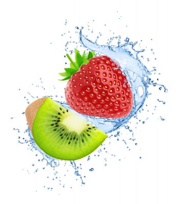 Sticker Composition with kiwi and strawberry in water splashes isolated on white background.