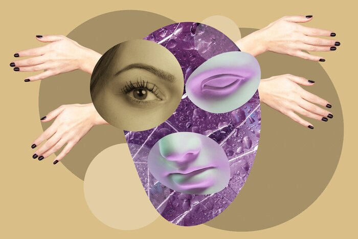 Sticker Contemporary art concept collage with antique statue head in a surreal style. Modern unusual art.